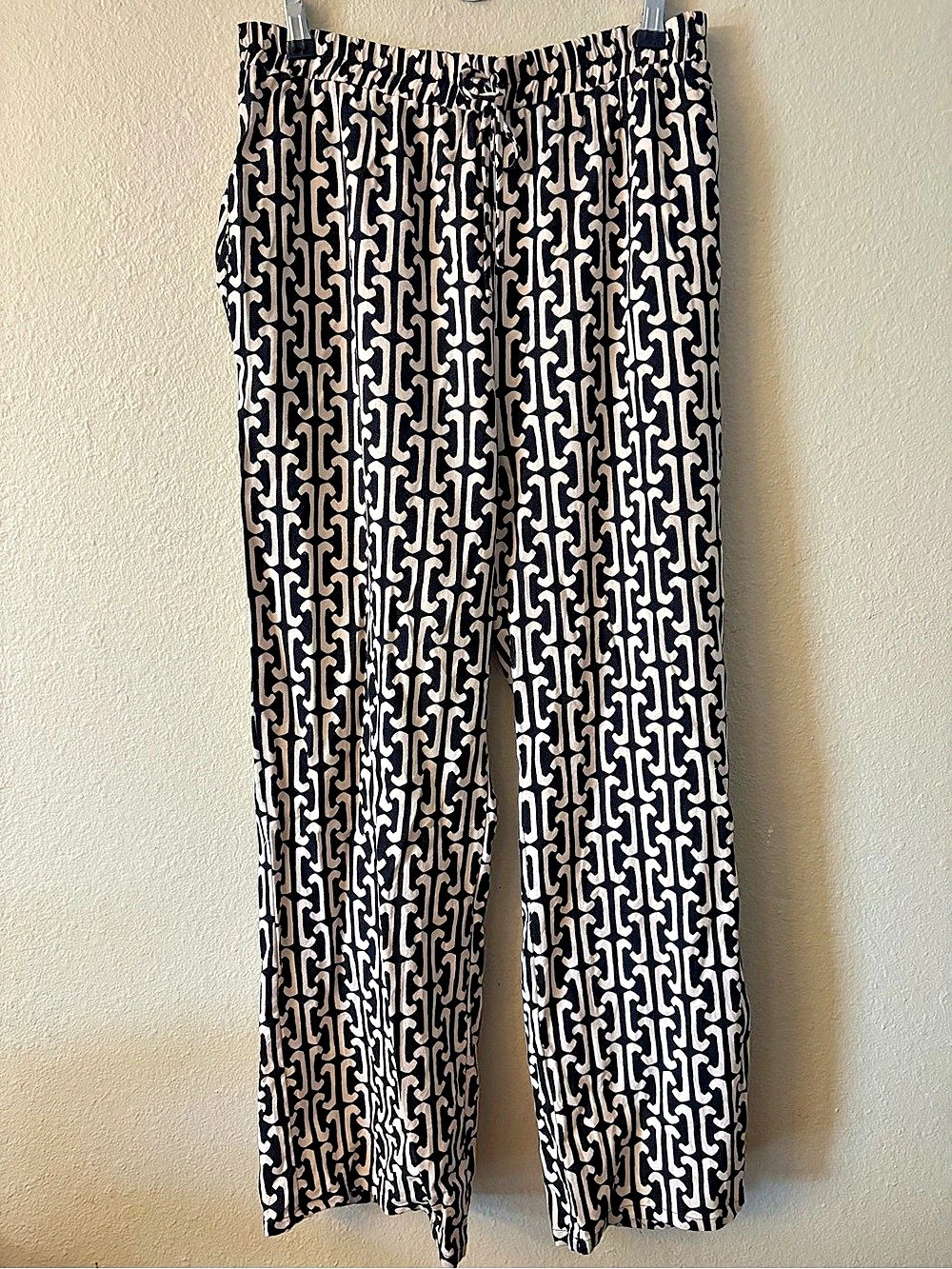Monteau Los Angeles Women's XL Linen Blend Wide Leg Pants Black Cream Geometric